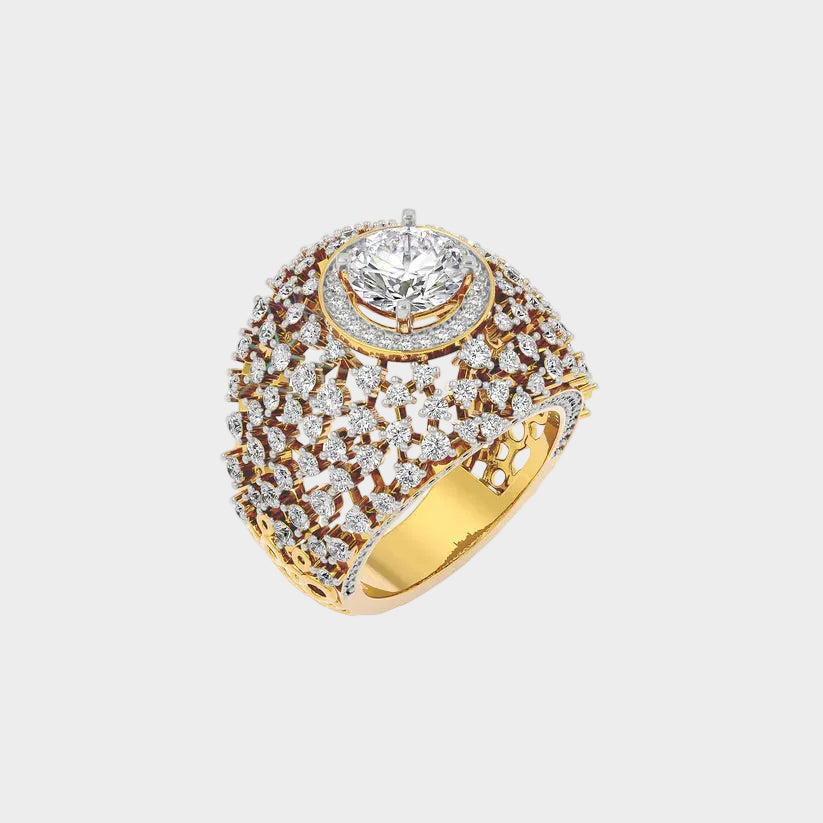 Hallmarked yellow gold cocktail ring with brilliant ethical diamonds.