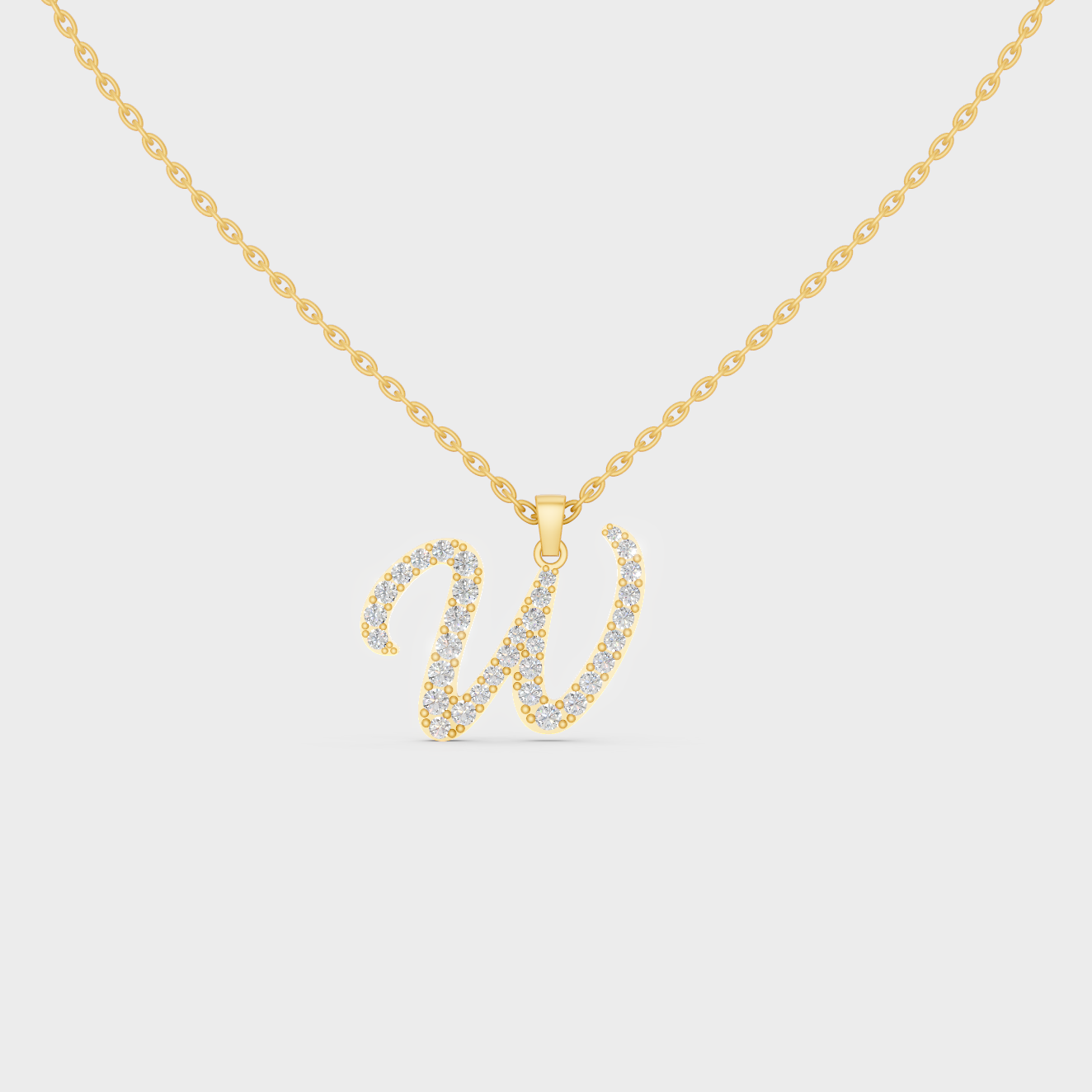 Front View of "W" Alphabet Lab Grown Diamond Pendant with Matching Yellow Gold Chain
