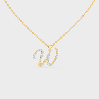 Front View of "W" Alphabet Lab Grown Diamond Pendant with Matching Yellow Gold Chain