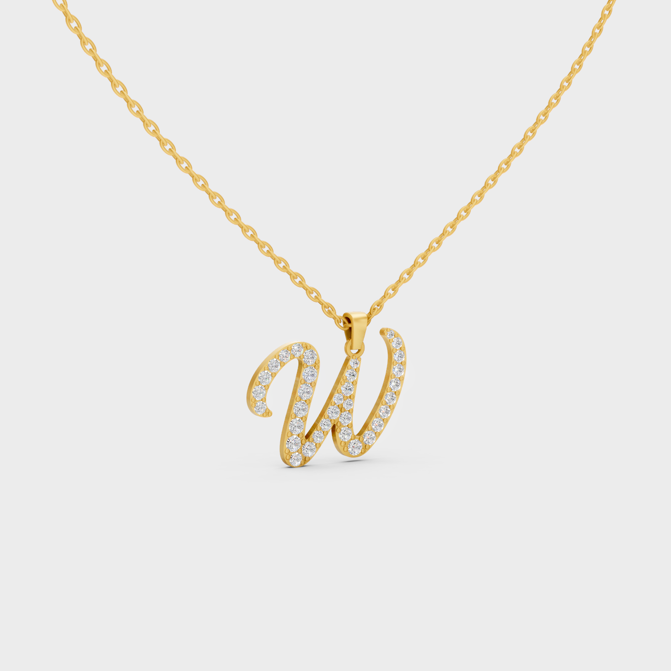 Close Up of Initial Letter W Sustainable Diamond Pendant and 18K Yellow Gold Chain