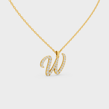 Close Up of Initial Letter W Sustainable Diamond Pendant and 18K Yellow Gold Chain