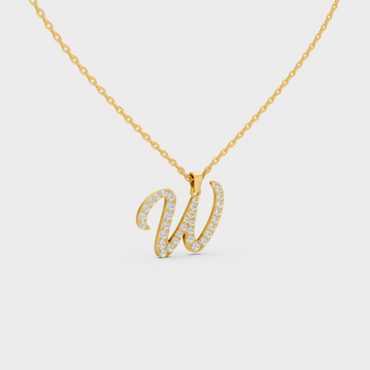 Close Up of Initial Letter W Sustainable Diamond Pendant and 18K Yellow Gold Chain