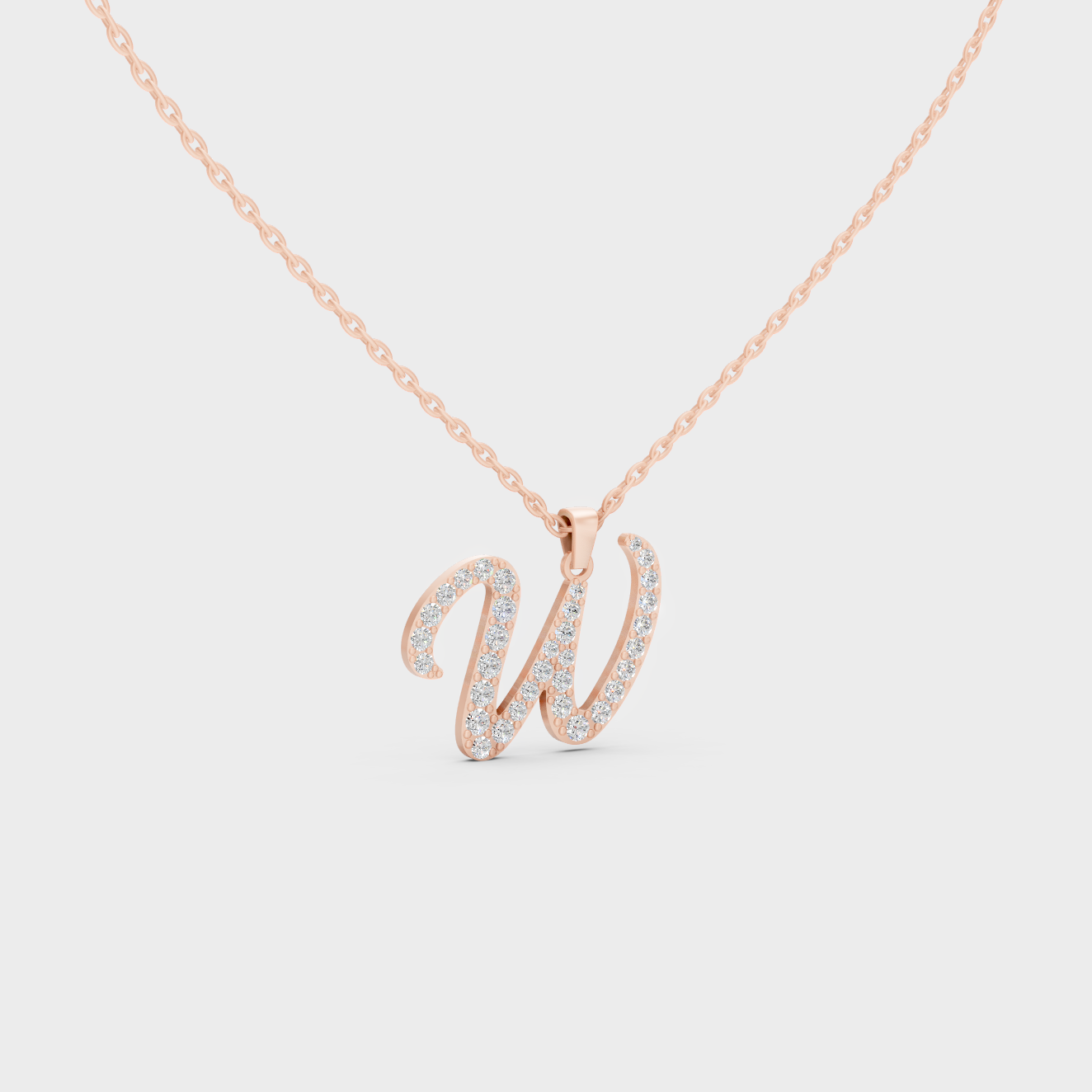 Blush Pink 14K Rose Gold Letter W Initial Necklace Set with Brilliant Round Lab Diamonds