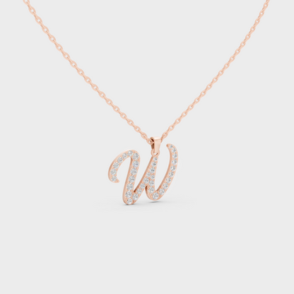 Blush Pink 14K Rose Gold Letter W Initial Necklace Set with Brilliant Round Lab Diamonds