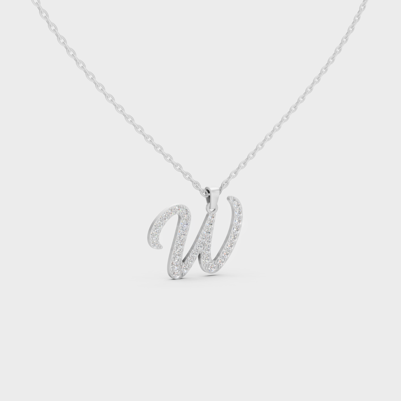 Micro Pave Letter W Initial Necklace Shining with Premium 18K White Gold Chain Set