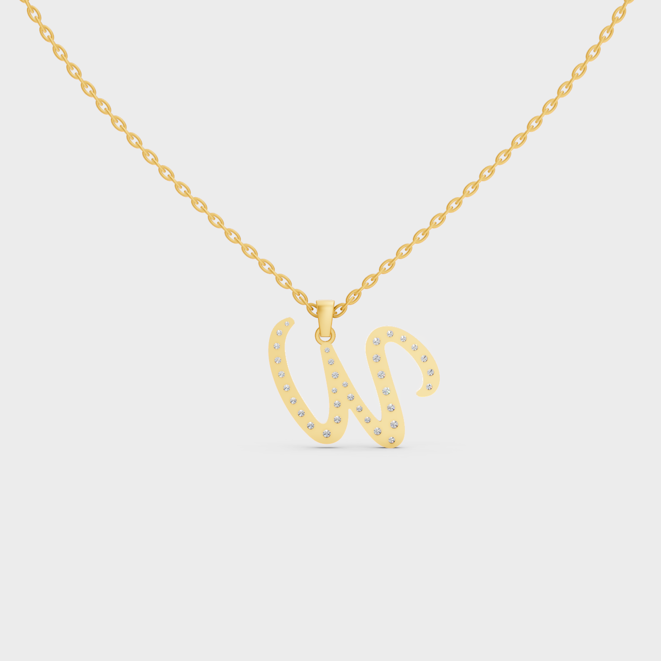 Model Wearing Capital Letter W Lab Created Diamond Necklace in 9K Yellow Gold