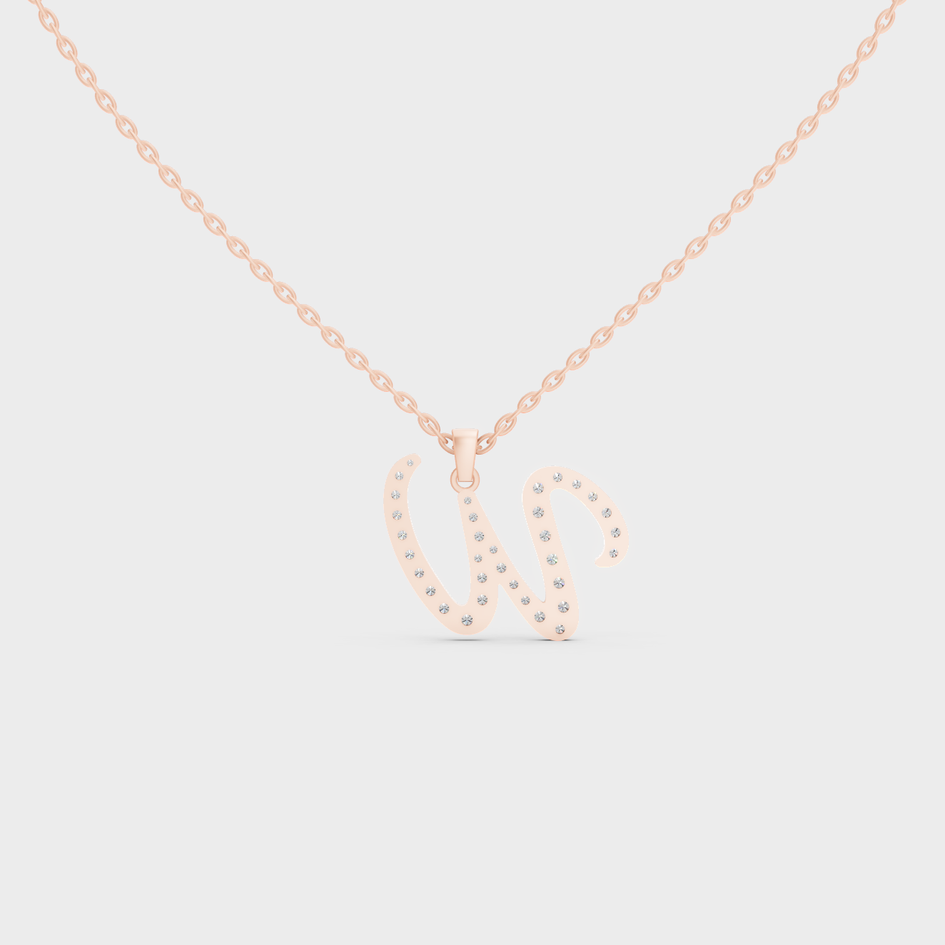 Side Angle of Personalized Alphabet W Lab Diamond Charm on 18K Rose Gold Chain