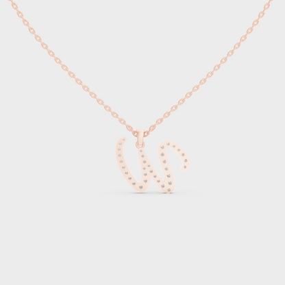 Side Angle of Personalized Alphabet W Lab Diamond Charm on 18K Rose Gold Chain