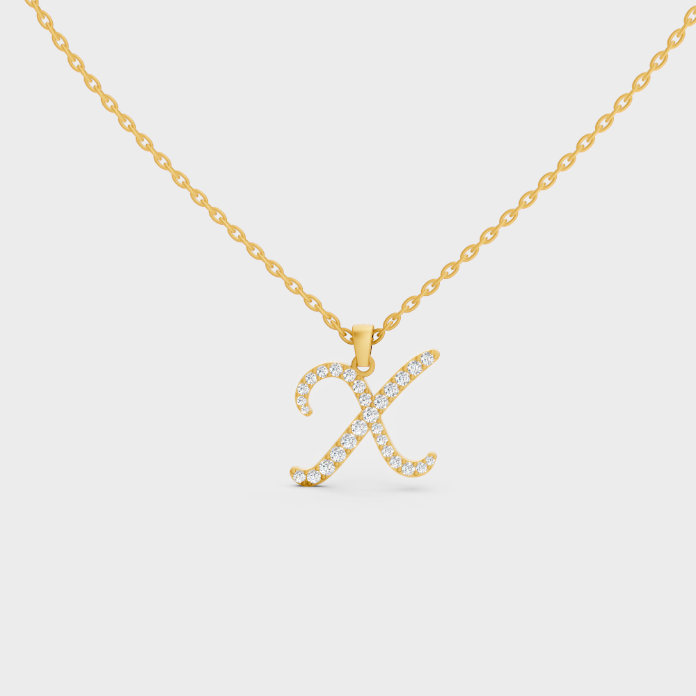 Front View of "X" Alphabet Lab Grown Diamond Pendant with Matching Yellow Gold Chain