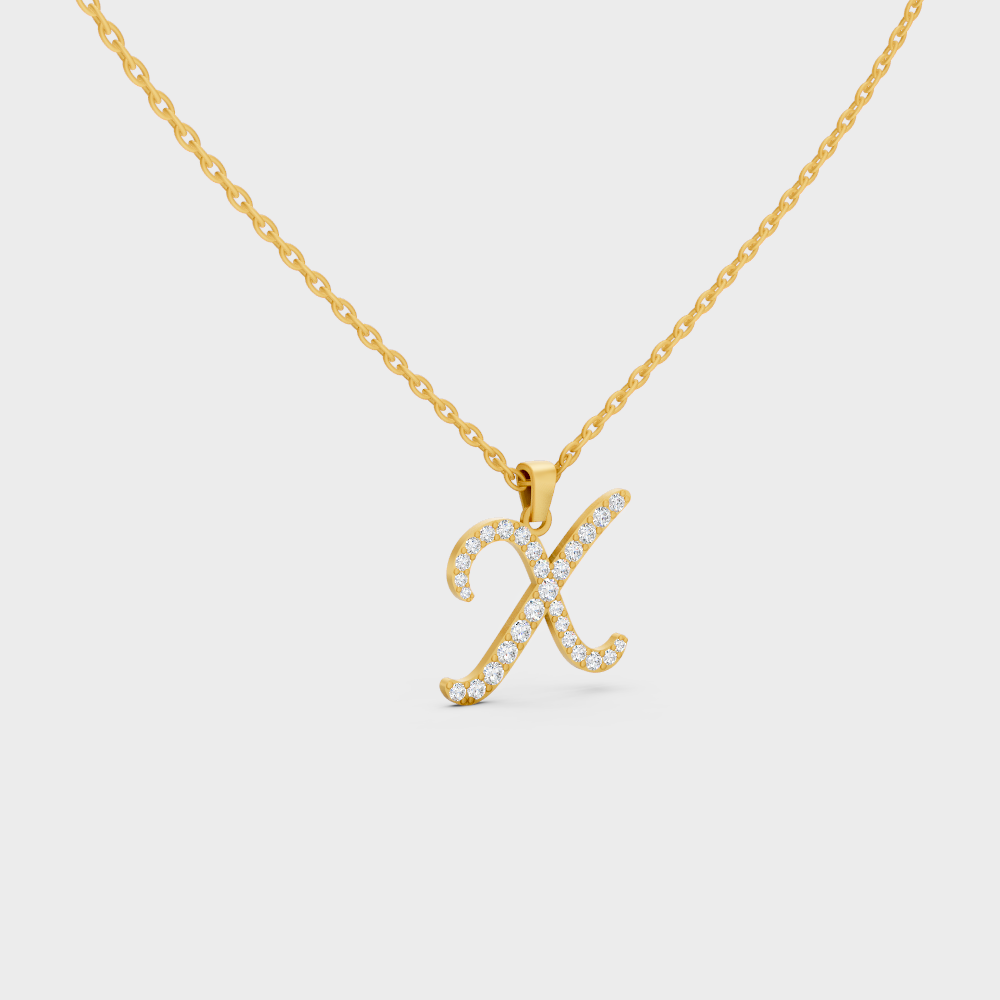 Close Up of Initial Letter X Sustainable Diamond Pendant and 18K Yellow Gold Chain