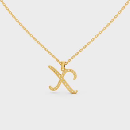 Model Wearing Capital Letter X Lab Created Diamond Necklace in 9K Yellow Gold
