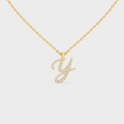 Front View of "Y" Alphabet Lab Grown Diamond Pendant with Matching Yellow Gold Chain