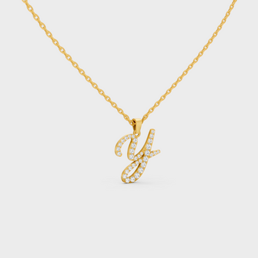 Close Up of Initial Letter Y Sustainable Diamond Pendant and 18K Yellow Gold Chain