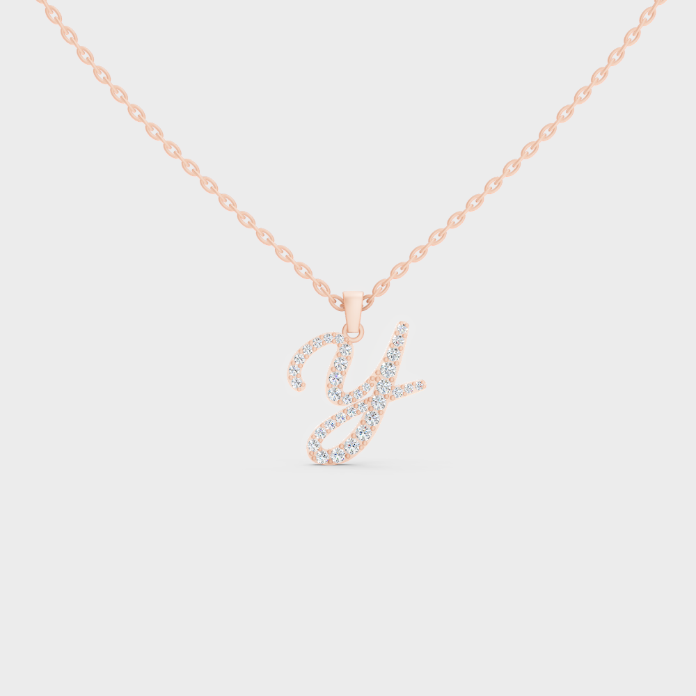 Romantic Rose Gold "Y" Alphabet Lab Grown Diamond Pendant and Dainty Cable Chain