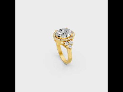Discover ethical luxury with our Certified 4.37 Carat Oval and Round-Cut Lab-Grown Diamond Halo Ring. Expertly crafted in 9K, 14K, 18K Gold or 950 Platinum.