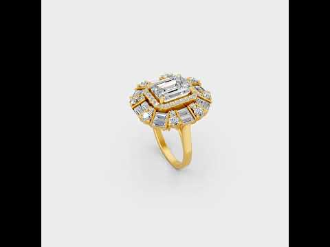 A cinematic 360-degree video showcase highlighting the incredible Brilliant Sparkle of a 4.48 Carat Emerald, Round, and Baguette Cut Lab-Grown Diamond Cocktail Ring, rotating fluidly in 9K, 14K, 18K Yellow, White, Rose Gold, and 950 Platinum settings to display the pinnacle of Ethical Luxury Fine Jewelry.