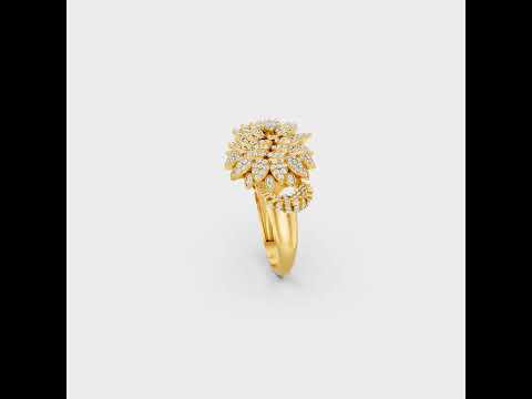 A cinematic 360-degree video showcase highlighting the incredible Brilliant Sparkle of a 2.41 Carat Round and Pear Cut Lab-Grown Diamond Cocktail Ring, rotating fluidly in 9K, 14K, 18K Yellow, White, Rose Gold, and 950 Platinum settings to display the pinnacle of Ethical Luxury Fine Jewelry.