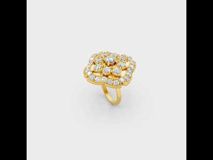 A cinematic 360-degree video showcase highlighting the incredible Brilliant Sparkle of a 3.29 Carat Round Cut Lab-Grown Diamond Cocktail Ring, rotating fluidly in 9K, 14K, 18K Yellow, White, Rose Gold, and 950 Platinum settings to display the pinnacle of Ethical Luxury Fine Jewelry.