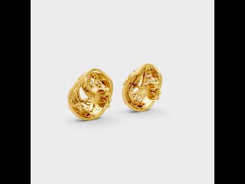 Small round lab-grown diamond stud earrings in yellow gold on model, certified ethical fine jewelry.