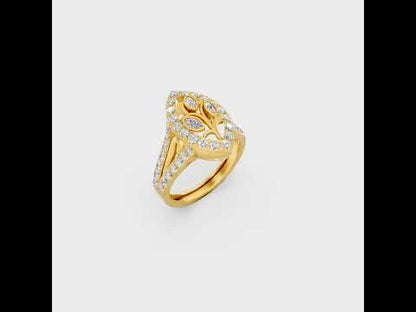A cinematic 360-degree video showcase highlighting the incredible Brilliant Sparkle of a 0.94 Carat Marquise and Round Cut Lab-Grown Diamond Cocktail Ring, rotating fluidly in 9K, 14K, 18K Yellow, White, Rose Gold, and 950 Platinum settings to display the pinnacle of Ethical Luxury Fine Jewelry.