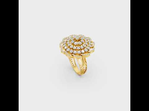 A cinematic 360-degree video showcase highlighting the incredible Brilliant Sparkle of a 1.97 Carat Round Cut Lab-Grown Diamond Cocktail Ring, rotating fluidly in 9K, 14K, 18K Yellow, White, Rose Gold, and 950 Platinum settings to display the pinnacle of Ethical Luxury Fine Jewelry.