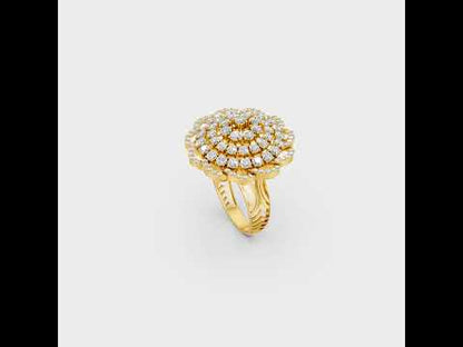 A cinematic 360-degree video showcase highlighting the incredible Brilliant Sparkle of a 1.97 Carat Round Cut Lab-Grown Diamond Cocktail Ring, rotating fluidly in 9K, 14K, 18K Yellow, White, Rose Gold, and 950 Platinum settings to display the pinnacle of Ethical Luxury Fine Jewelry.