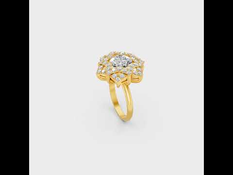 A cinematic 360-degree video showcase highlighting the incredible Brilliant Sparkle of a 2.85 Carat Round Cut Lab-Grown Diamond Cocktail Ring, rotating fluidly in 9K, 14K, 18K Yellow, White, Rose Gold, and 950 Platinum settings to display the pinnacle of Ethical Luxury Fine Jewelry.