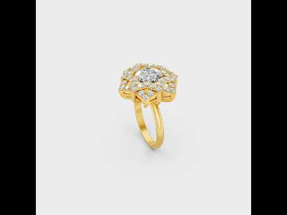 A cinematic 360-degree video showcase highlighting the incredible Brilliant Sparkle of a 2.85 Carat Round Cut Lab-Grown Diamond Cocktail Ring, rotating fluidly in 9K, 14K, 18K Yellow, White, Rose Gold, and 950 Platinum settings to display the pinnacle of Ethical Luxury Fine Jewelry.