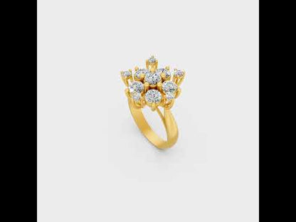 A cinematic 360-degree video showcase highlighting the incredible Brilliant Sparkle of a 2 Carat Round Cut Lab-Grown Diamond Cocktail Ring, rotating fluidly in 9K, 14K, 18K Yellow, White, Rose Gold, and 950 Platinum settings to display the pinnacle of Ethical Luxury Fine Jewelry.