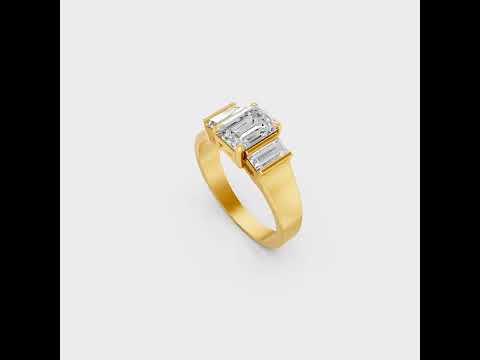 Discover ethical luxury with our Certified 2.2 Carat Emerald and Baguette-Cut Lab-Grown Diamond Three-Stone Ring. Expertly crafted in Gold or Platinum.