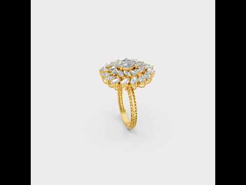 A cinematic 360-degree video showcase highlighting the incredible Brilliant Sparkle of a 2.19 Carat Multishape (Pear Marquise Oval Cut) Lab-Grown Diamond Cocktail Ring, rotating fluidly in 9K, 14K, 18K Yellow, White, Rose Gold, and 950 Platinum settings to display the pinnacle of Ethical Luxury Fine Jewelry.
