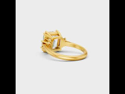 Discover ethical luxury with our Certified 4.28 Carat Emerald and Baguette-Cut Lab-Grown Diamond Three-Stone Ring. Crafted in Gold or 950 Platinum.