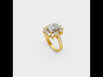 A cinematic 360-degree video showcase highlighting the incredible Brilliant Sparkle of a 2.13 Carat Emerald, Round, and Pear Cut Lab-Grown Diamond Cocktail Ring, rotating fluidly in 9K, 14K, 18K Yellow, White, Rose Gold, and 950 Platinum settings to display the pinnacle of Ethical Luxury Fine Jewelry.