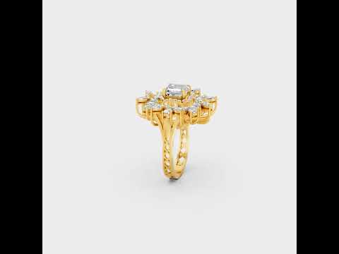A cinematic 360-degree video showcase highlighting the incredible Brilliant Sparkle of a 3.47 Carat Multishape (Marquise Asscher Pear Round Cut) Lab-Grown Diamond Cocktail Ring, rotating fluidly in 9K, 14K, 18K Yellow, White, Rose Gold, and 950 Platinum settings to display the pinnacle of Ethical Luxury Fine Jewelry.