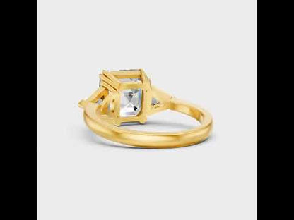 4.8 Carat Square Emerald & Triangle Cut Lab-Grown Diamond Three-Stone Ring in 9K, 14K, 18K Yellow, White, Rose Gold or 950 Platinum. Ethical luxury fine jewelry with bold brilliance.