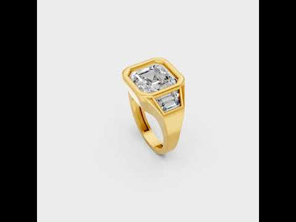 Make a bold statement with our Certified 7 Carat Asscher and Baguette-Cut Lab-Grown Diamond Three-Stone Men’s Ring. Expertly crafted in Gold or Platinum.