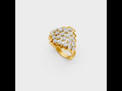 A cinematic 360-degree video showcase highlighting the incredible Brilliant Sparkle of a 1.47 Carat Round Cut Lab-Grown Diamond Cocktail Ring, rotating fluidly in 9K, 14K, 18K Yellow, White, Rose Gold, and 950 Platinum settings to display the pinnacle of Ethical Luxury Fine Jewelry.