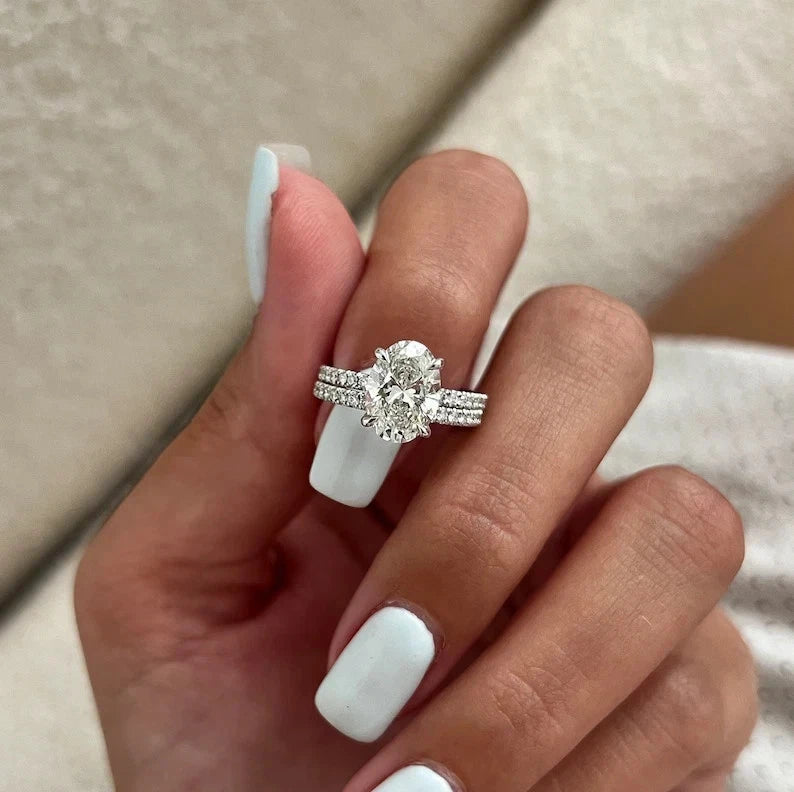 2.40 Carat Oval Diamond Ring Set Lab Grown IGI 14k White Gold VVS E F Size 5.5