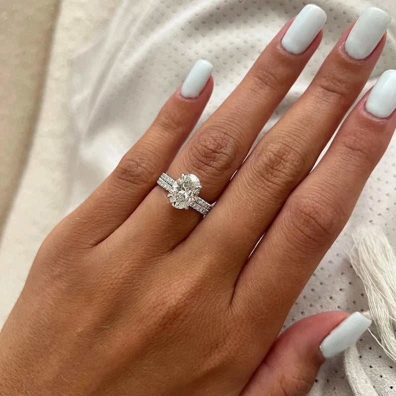 2.40 Carat Oval Diamond Ring Set Lab Grown IGI 14k White Gold VVS E F Size 5.5