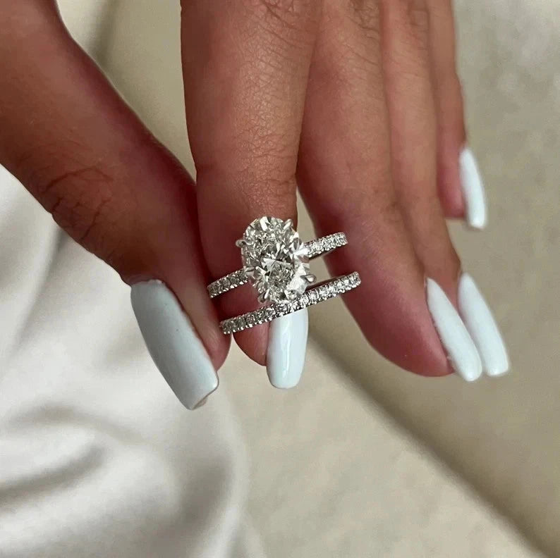 2.40 Carat Oval Diamond Ring Set Lab Grown IGI 14k White Gold VVS E F Size 5.5