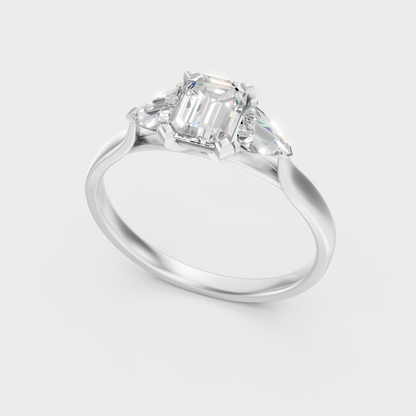 High-Polish 950 Platinum Emerald-Cut Lab Diamond Ring With Trillion Side Diamonds