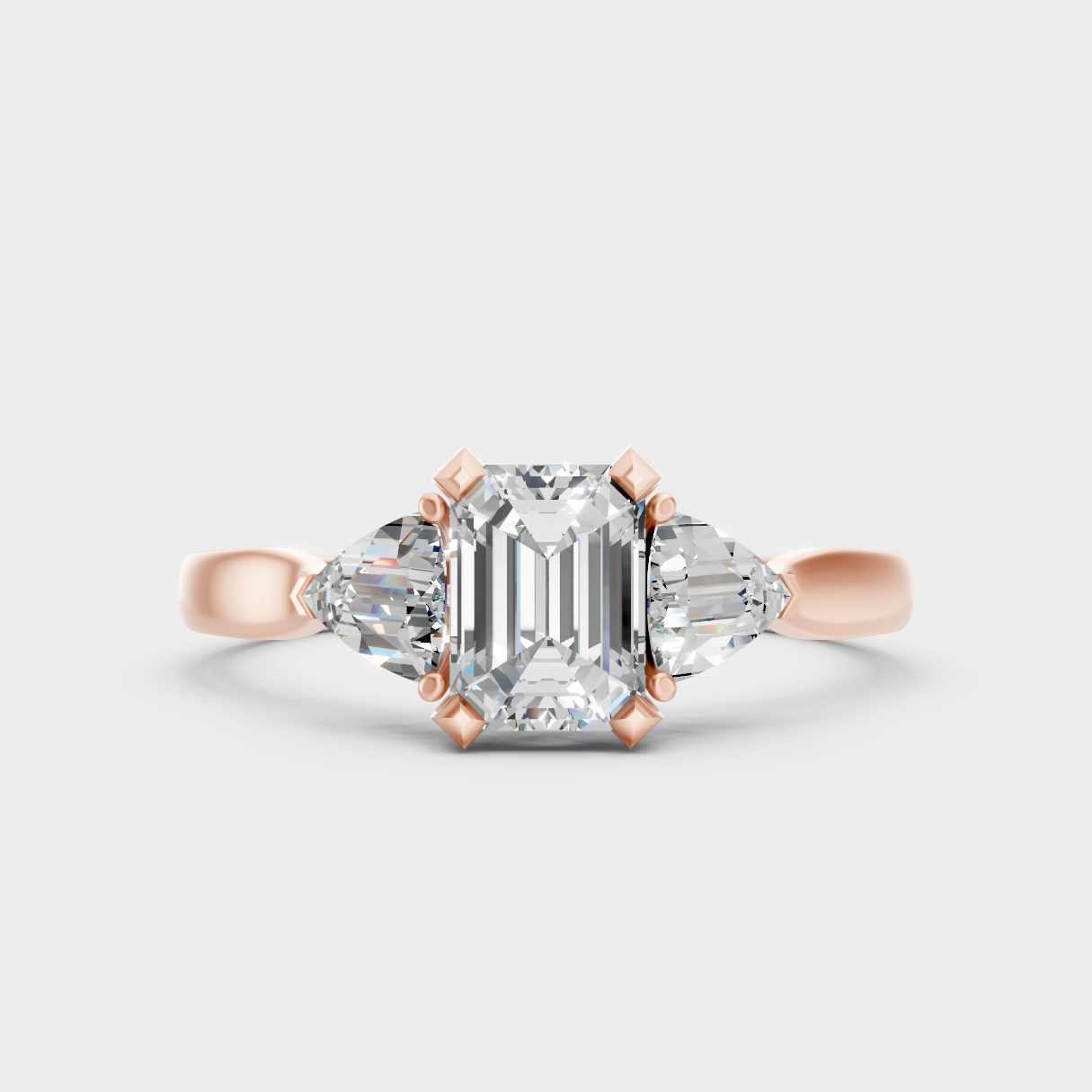 Rose Gold Emerald-Cut Lab-Grown Diamond Three-Stone Ring For Modern Ethical Luxury