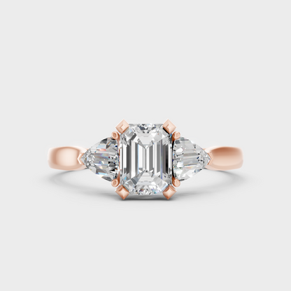 Rose Gold Emerald-Cut Lab-Grown Diamond Three-Stone Ring For Modern Ethical Luxury