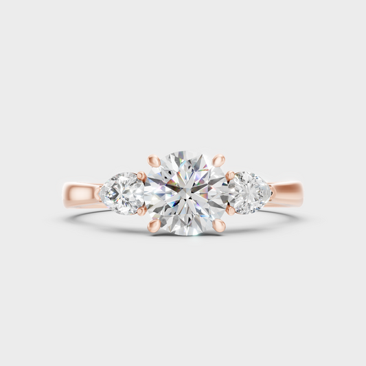 Romantic 18K Rose Gold Trio-Stone Ring With 1.50Ct Round And Pear Lab-Grown Diamonds