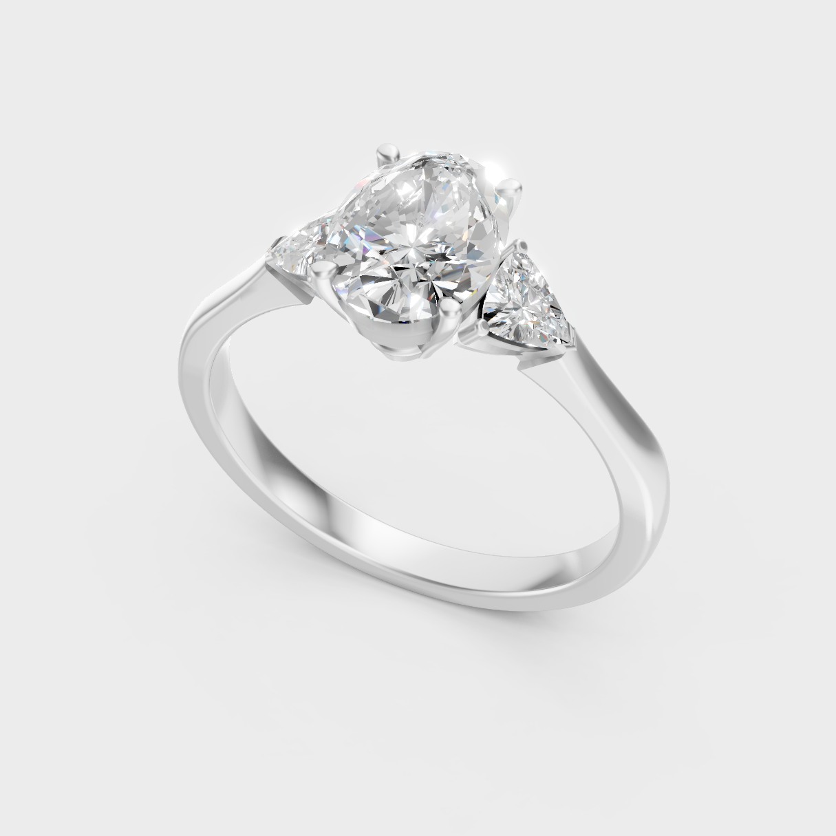 Sleek White Gold Three-Stone Ring Featuring A Certified Oval-Cut Diamond