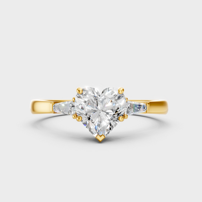 Classic Yellow Gold Three-Stone Engagement Ring Featuring A Heart And Baguettes
