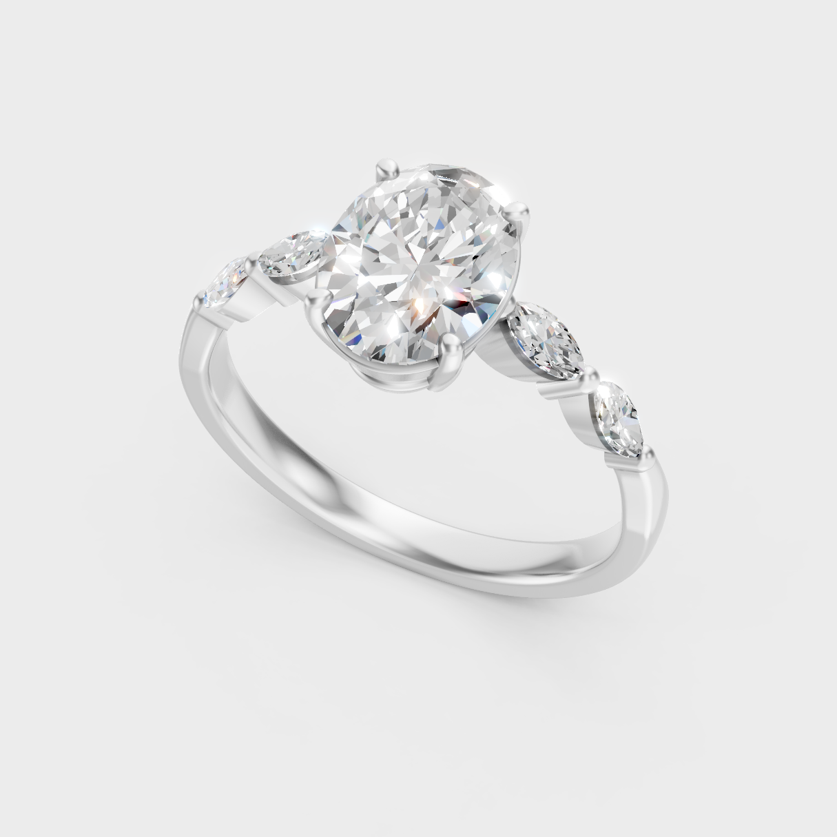 High-Polish 950 Platinum Oval-Cut Lab Diamond Ring With Marquise Side Diamonds