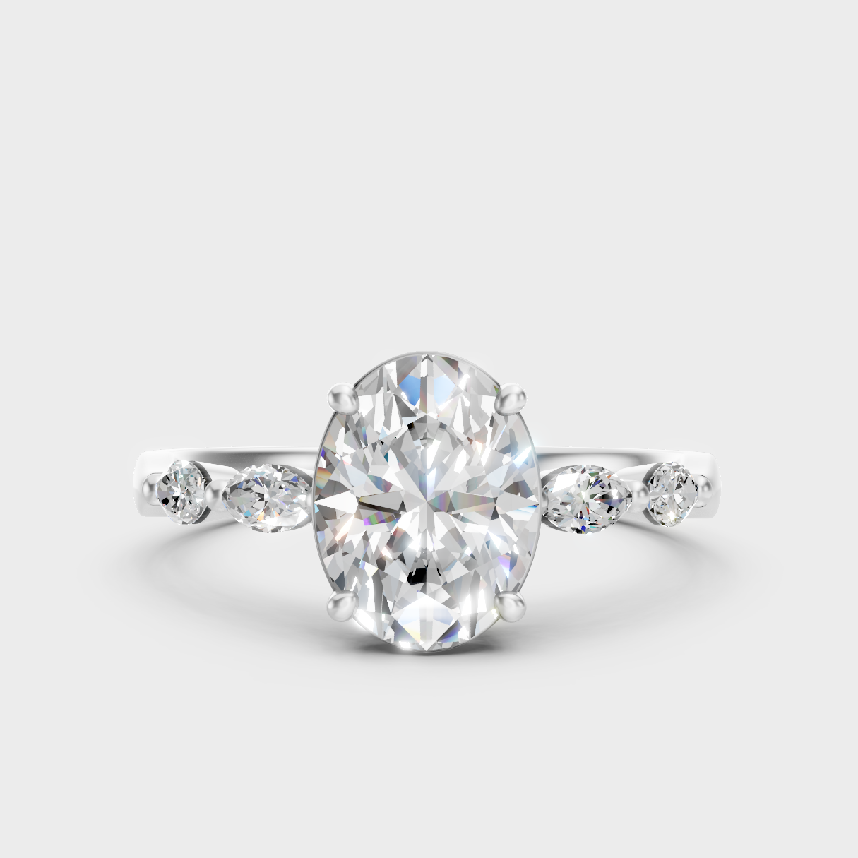 Sleek White Gold Three-Stone Ring Featuring A Igi Certified Oval-Cut Diamond