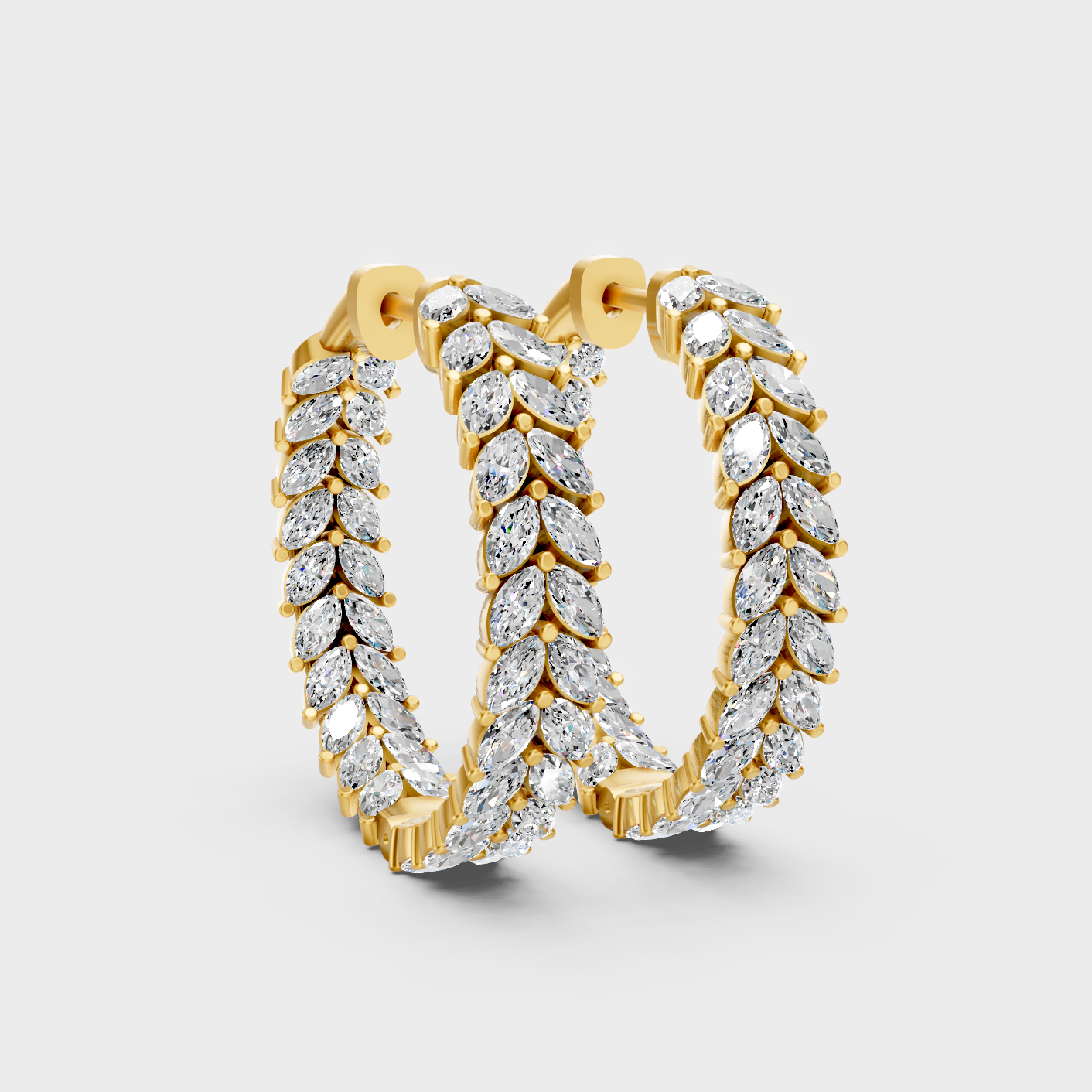 Yellow Gold Marquise Cut Diamond Hoop Earrings 7.04 Ct Lab Created Brilliant Sparkle