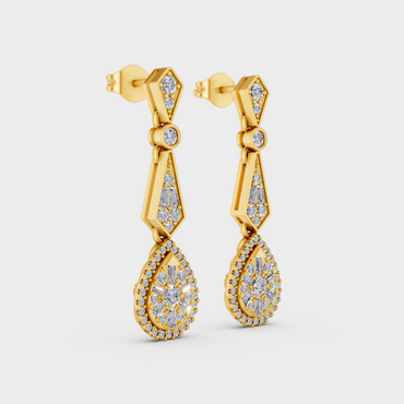 Yellow Gold Baguette Round Diamond Drop Earrings 1.30 Ct Lab Created Brilliant Sparkle